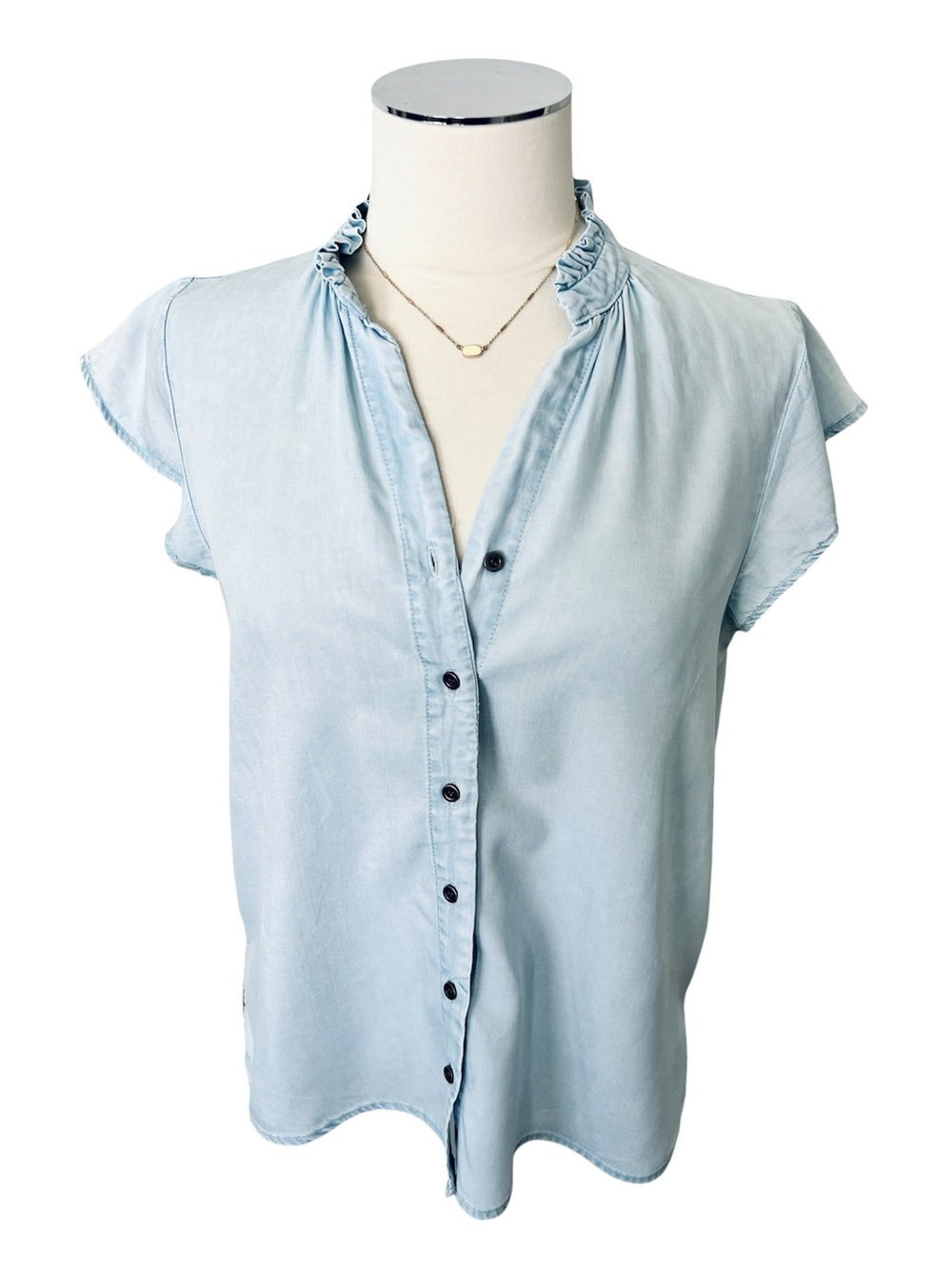 JANE & DELANCEY Blue Ruffle Collar Flutter Sleeve Button Shirt Top Blouse Size S - Picture 11 of 11